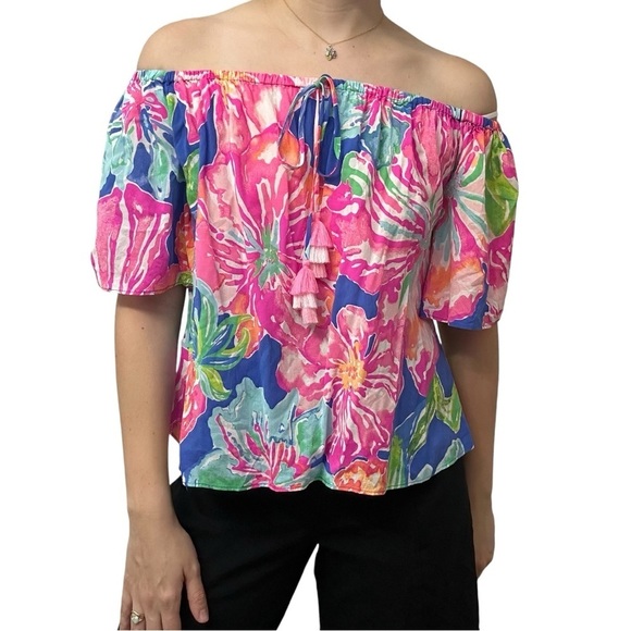 Lilly Pulitzer Blouse Off Shoulder Floral Pink Summer Dainty Size Extra Small - Picture 6 of 6